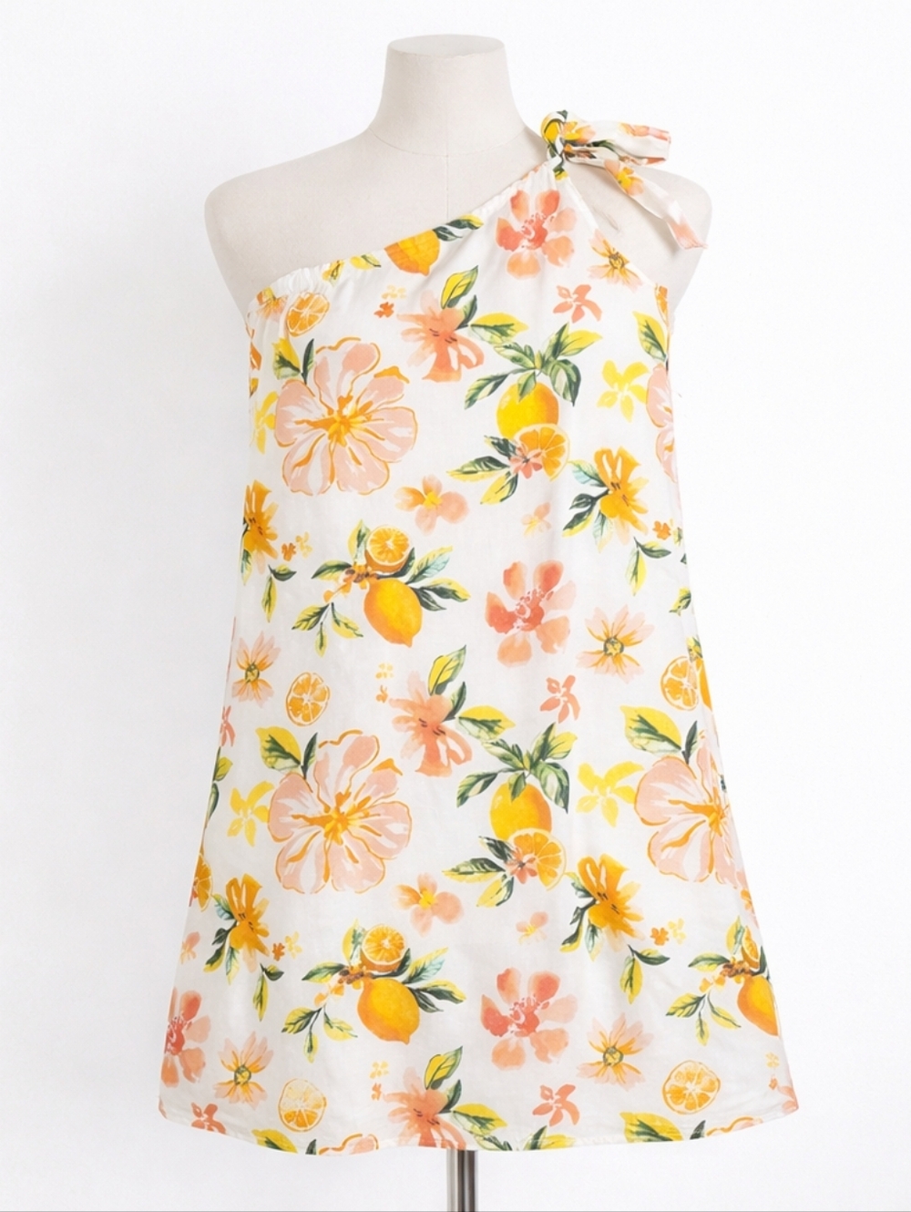 Shoulder Tie Floral A-line Dress - Orange and Yellow